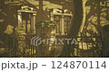 Gothic architecture with cast shadows from trees in a serene setting 124870114