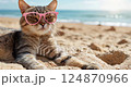 Funny cat lying on beach sand relaxing on the sea shore. 124870966