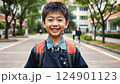 little asian kid in school uniform with backpack on school background, smiling japanese boy on street, chinese teenager, korean student, child 124901123