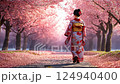 A woman in a kimono walks along the cherry blossom path 124940400