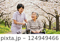 桜並木の下で介護師と散歩中の車椅子の老人女性 124949466
