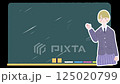 A female student standing in front of a blackboard 125020799