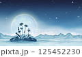 一輪明月漂浮在星光燦爛的山巒間，野草在夜風中搖曳。用於添加文字的可循環背景資料。 125452230
