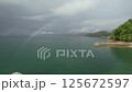 Aerial view of the double rainbow at Takehara City's Matoba Beach 125672597