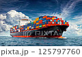 Large container cargo ship loaded with colorful freight containers sailing in blue ocean under cloudy sky, representing global maritime logistics and international trade 125797760