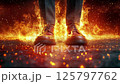 Business leather shoes surrounded by flames and sparks reflecting on wet ground surface, conceptual representing crisis, danger and burning stress at work 125797762