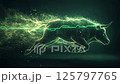 Digital visualization of bull market trend with glowing green network connections, geometric particles and data chart overlay representing financial growth, trading analysis and dynamics 125797765