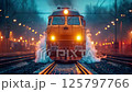 locomotive on misty railway tracks with atmospheric lighting, steam effects and bokeh background creating moody industrial transportation scene for urban infrastructure themes 125797766