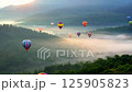 Hot Air Baloons Aerial Drone Flight Over Beautiful Autumn Forrest at Sunet Mountains Landscape Background 125905823
