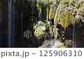 Waterfall flowing over moss-covered rocks, sunlight streaming through lush greenery, sparkling water droplets illuminating vibrant turkish wilderness landscape 125906310