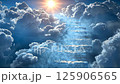 Stairway ascending through clouds with sunlight shining in the background 125906565