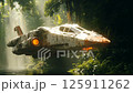 A Futuristic Spacecraft is Hovering Gracefully Above a Lush Jungle Environment Filled with Exotic Flora and Fauna A Futuristic Spacecraft is Hovering Gracefully Above a Lush Jungle Environment Filled with Exotic Flora and Fauna 125911262