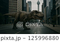 A colossal TRex is seen walking through the deserted streets of an abandoned and eerie city landscape A colossal TRex is seen walking through the deserted streets of an abandoned and eerie city landscape 125996880