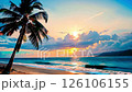 夕暮れの砂浜にそよぐヤシの木｜ドリー・アウト動画（夕方・商用利用OK） 126106155