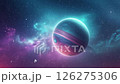 Colorful striped exoplanet glows, nestled within stunning purple blue nebula cosmos. Alien world hints unknown civilizations, part vast uncharted cosmos. Distant cosmos fuels imagination discovery. 126275306