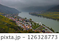 Looking down at the river Danube at Spitz in Austria on a foggy day in autumn 126328773