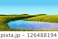 3D animation of serene landscape with stream surrounded by vibrant green grass, rolling hills, scattered stones and clear blue sky. Camera slowly moving forward. Relaxation footage for tranquility. 126488194