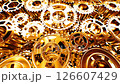 Gold Gears Metal Wall Close-up Beautiful Loop 3d Animation. Golden Cogwheels Rotation Working Process Seamless Illustration. Abstract Steel Gearwheels Group Teamwork Business Technology Concept FullHD 126607429