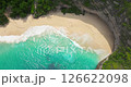 Paradise beach aerial drone view Kelingking cliff Nusa Penida sandy coast Bali 126622098