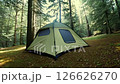 Green tent is set up in a forest 126626270