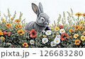 Cute grey bunny nestled among vibrant wildflowers. Represents springtime, innocence, and new beginnings. Ideal for seasonal greetings, childrens content, or nature themes. 126683280