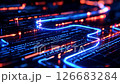 Futuristic tech visual with glowing blue lines  red lights. Evokes data flow, connectivity, innovation, circuit boards, AI,  digital networks. Great for science 126683284