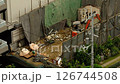 Time lapse, house demolition work, scaffolding removal, construction company, heavy machinery, danger, safety first 126744508