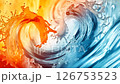 Explosive swirl of water flow in cold and warm temperature colors on a vivid, soft-colored background.	 126753523