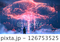 Cloud technology: the real path to success. Featuring digital neon style, bokeh, layered mesh, shaped canvas in light red and indigo with selective focus, and clearer ASCII art.	 126753525