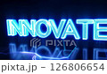 Camera movement and zoom effect with color lighting establishing scene of "innovate" in sci-fi style with neon blue on a futuristic background with glowing neon lights 126806654
