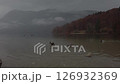 Wild Mallard ducks swimming on lake Bohinj by foggy mountains in Slovenia, nightly landscape 126932369
