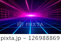 Futuristic neon grid with glowing pink and blue lights, creating a retro 80s cyberpunk aesthetic. 126988869