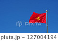 red Vietnamese flag with a yellow star on a high flagpole flutters in the wind on the background of blue sky 127004194