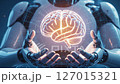 Cyber technology footage of a futuristic robot holding a holographic AI brain 127015321