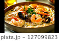 Creamy seafood risotto with shrimp, mussels, and fresh herbs, served in a rustic bowl with golden lighting. 127099823