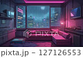 Cozy futuristic living room with city view at night 127126553