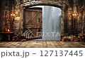 Old house with large vintage wooden door that opens onto a huge waterfall 127137445