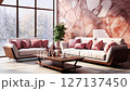 Snow falling seen from living room with elegant and comfortable pink decor 127137450