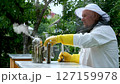 A beekeeper works with the bees and the hives in the apiary. a man in a protective suit at the apiary. 127159978