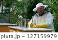 A beekeeper works with the bees and the hives in the apiary. a man in a protective suit at the apiary. 127159979