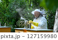 A beekeeper works with the bees and the hives in the apiary. a man in a protective suit at the apiary. 127159980