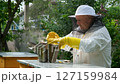 A beekeeper works with the bees and the hives in the apiary. a man in a protective suit at the apiary. 127159984