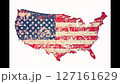 Vintage USA map silhouette filled with distressed American flag. Grunge patriotic design symbolizing national pride, independence, politics, freedom, and historical or cultural identity of the United  127161629