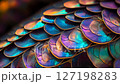 Iridescent dragon scales in extreme macro view, glowing with vivid colors and fantasy texture. Abstract, surreal design perfect for mythical creature themes, digital art, or magical fantasy visuals. 127198283
