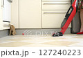 Yellow kitten is playing on the floor, getting in the way of a woman trying to vacuum 127240223