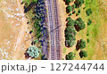 Top view of railway tracks crossing a green field, surrounded by trees and a parked vehicle. A contrast of nature and infrastructure 127244744