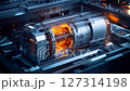 High-tech futuristic nuclear reactor core in full operation. Glowing plasma chamber inside advanced mechanical structure. Concept of energy generation, innovation and sci-fi technology. 127314198