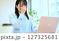 リビングでテレワークをする若い女性　眼精疲労　 目の疲れ　目頭を押さえる　背伸び 127325681