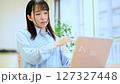 テレワーク疲れの女性　肩こり　リビングでテレワークをする若い女性 127327448