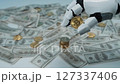 Robotic Hand Holding Bitcoin Coin Above Pile of Cash, Showcasing Digital Currency and Financial Innovation in Technology and Investment Landscape MZL 127337406